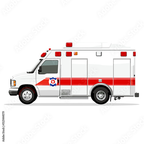 Side View of a Pixelated Ambulance Featuring White and Red Design Isolated on Plain Background