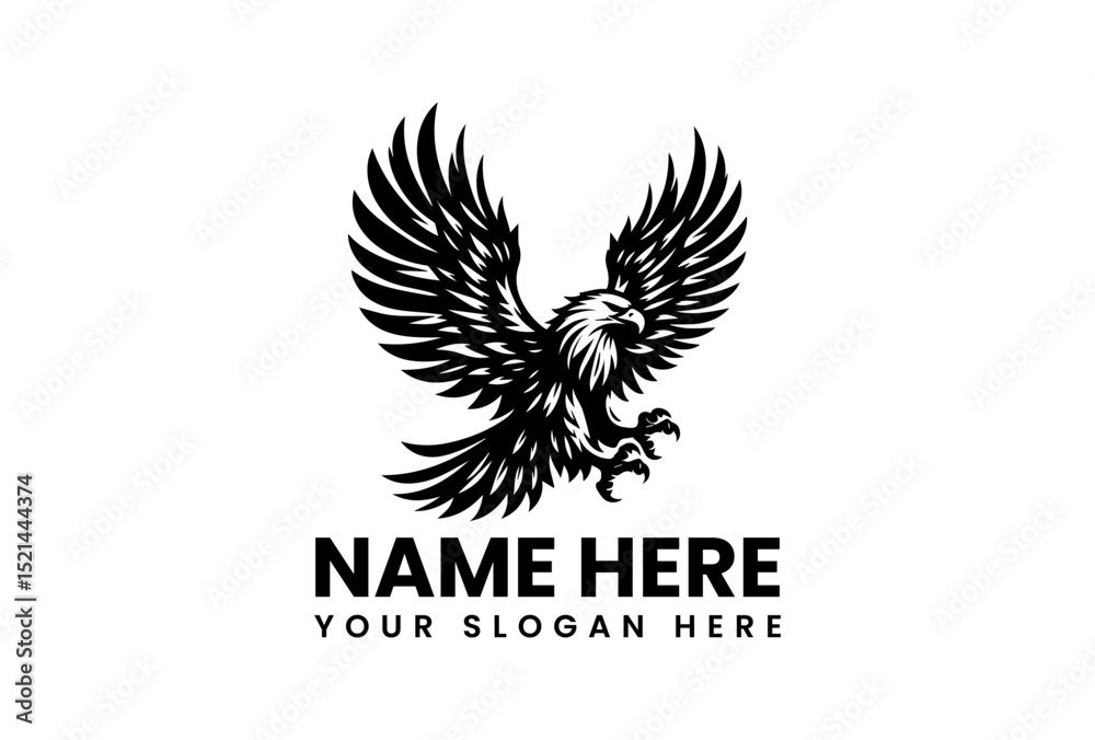 Fototapeta premium Stencil style vector logo of majestic eagle with detailed outstretched wings in flight