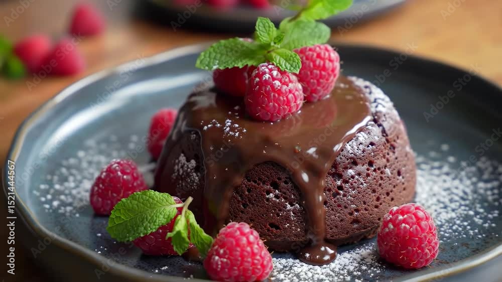 Decadent chocolate lava cake with raspberries, mint, and powdered sugar on black plate Decadent chocolate lava cake with raspberries, mint, and powdered sugar on black plate