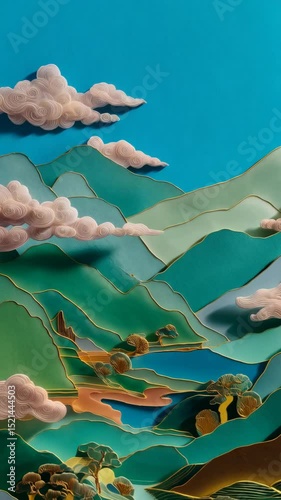 Watercolor landscape illustration of layered green mountains with golden lines, serene lakes, and delicate white clouds against a blue sky.