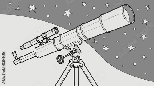 Illustration of a telescope on a tripod against a starry background with varying star sizes and shapes