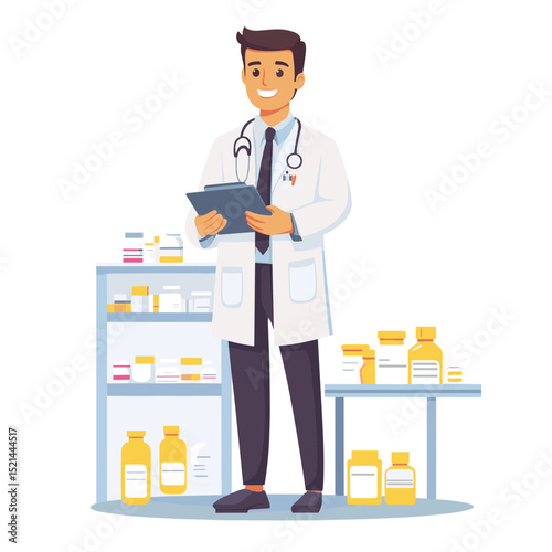 Smiling Doctor in White Coat with Stethoscope Holding Clipboard Surrounded by Medicine Bottles on Shelves and Table in a Pharmacy Setting