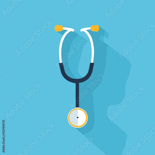 Stethoscope Flat Lay Illustration Medical Equipment with Long Shadow in Blue Background
