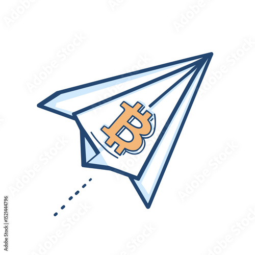 Stylized Bitcoin Symbol on Paper Airplane for Digital Finance and Investment on White Background