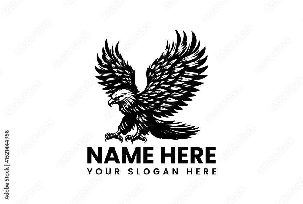 Obraz premium Powerful eagle stencil art vector logo with expansive wings and sharp feather details