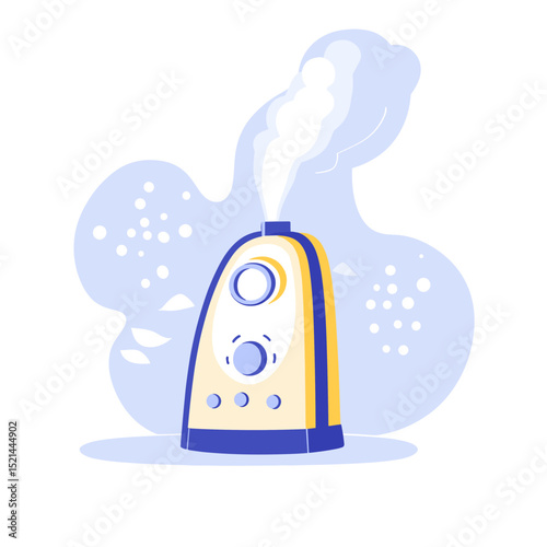 Stylized Humidifier with Steam Vapors in White Blue and Yellow Colors with Clean Air Technology and Modern Minimalist Design and a Fresh Clean Indoor Environment