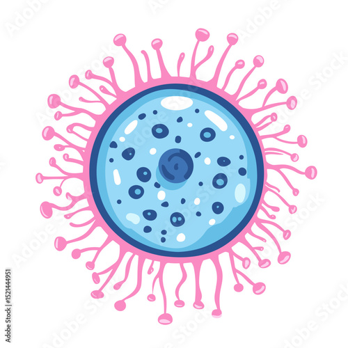 Stylized Microscopic View of a Blue Cell with Pink Protrusions on a White Background