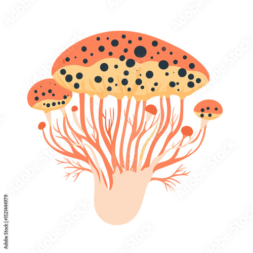 Stylized Orange Mushroom Cluster with Spots on Beige Background Delicate Branch Like Structures Adding Whimsical Touch Ideal for Nature Related Designs