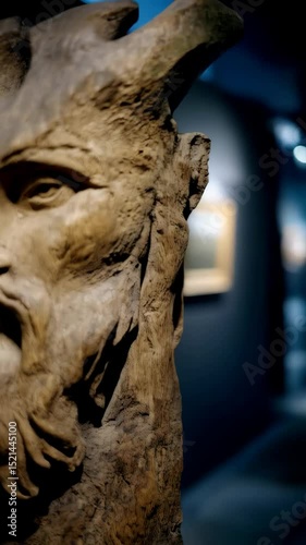 Detailed close-up of an ancient weathered wooden sculpture depicting a bearded human-like figure with head protrusions resembling horns or branches