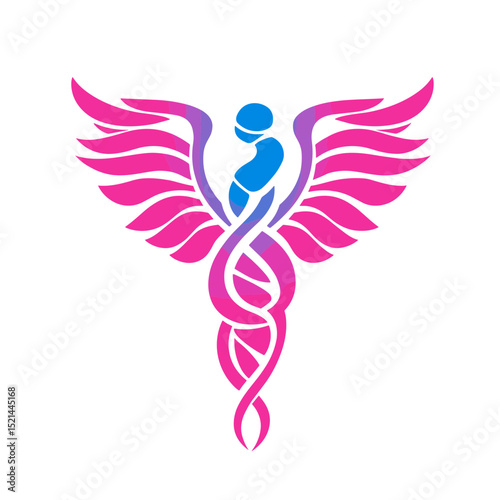Stylized Winged Caduceus Symbol with Embryo Design in Pink and Blue Shades Isolated on White Representing Health and Pregnancy Concepts