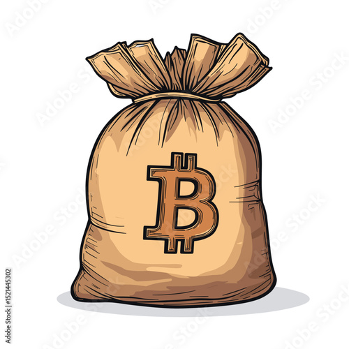 Tan Colored Sack of Bitcoin Cryptocurrency Isolated on White Background in Hand Drawn Style