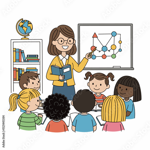 Simple Cartoon Illustration of Teacher Explaining Diagram to Diverse Students

