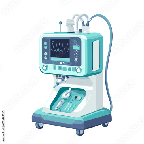 Teal and White Medical Ventilator Machine For Patient Support Device on White Background