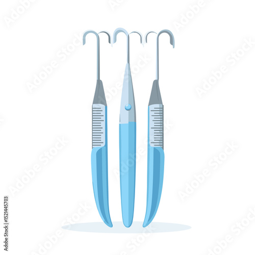 Three Blue Medical Hook Instruments for Surgery on White Background Healthcare Devices