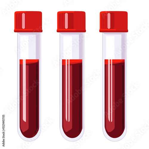 Three Blood Filled Test Tubes with Red Caps in a Laboratory Setting for Medical Testing and Scientific Analysis on White Background