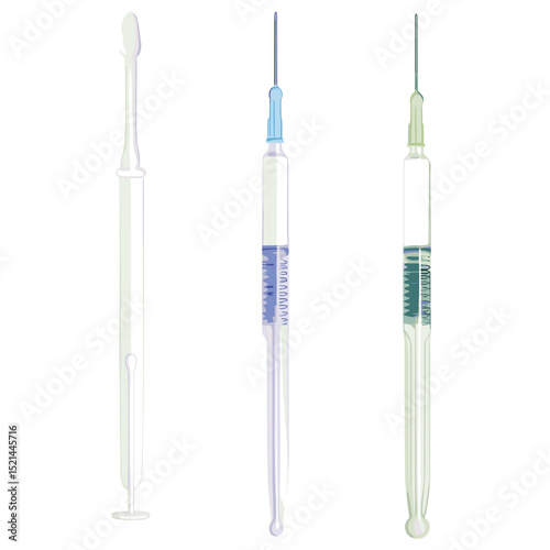 Three Medical Syringes with Needles and Liquid Isolated on White Background Medical Equipment Illustration