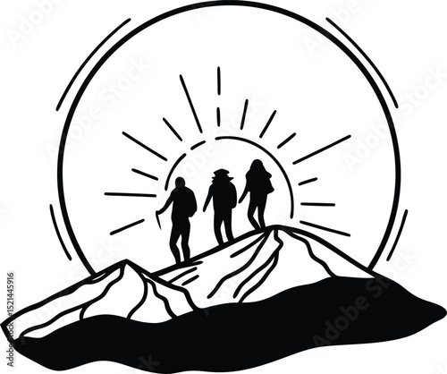 Three Hikers on Mountain Peak at Sunrise