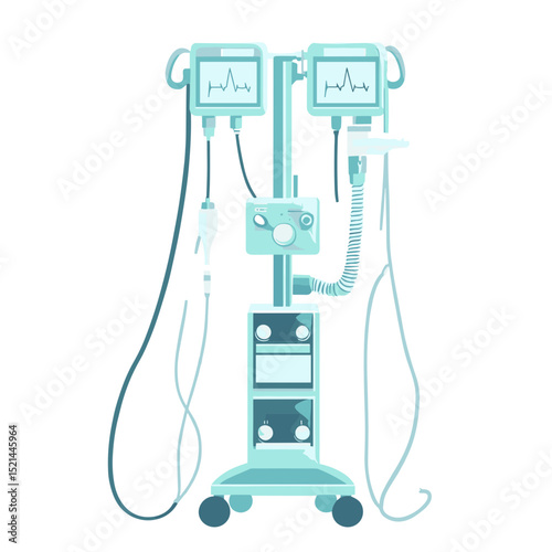 Turquoise Medical Equipment Cart with Vital Sign Monitor on White Background Illustration for Hospital Healthcare and Diagnosis