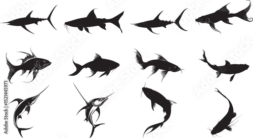 Catfish Basking Body lying still with fins relaxed, possibly near the surface of the water. full length silhouette black vector illustration
