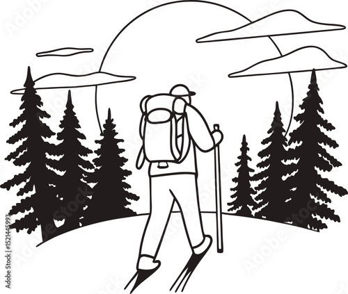 A New Dawn: Hiker’s Journey Through the Pine Forest at Sunrise