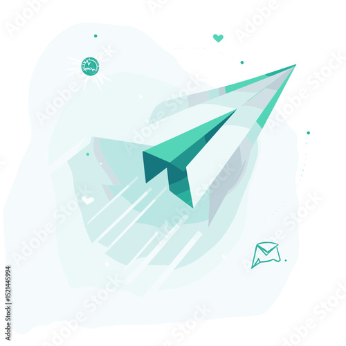 Turquoise Paper Airplane Launching Against a White Background Featuring Graphic Icons of Mail Delivery and Heart Shapes in a Minimalist Composition