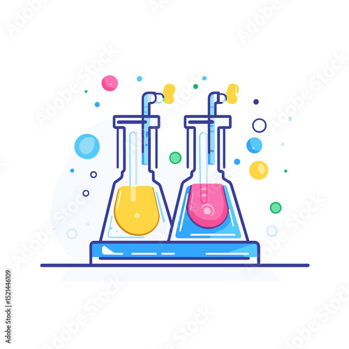 Two Conical Flasks with Pink and Yellow Solutions Chemistry in White Background