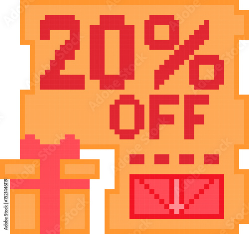vector pixel illustration of 20% Discount Coupon