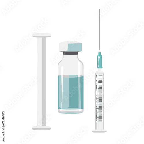 Vaccine Vial with Blue Liquid and Syringe for Injection Isolated on White Background Medical Illustration