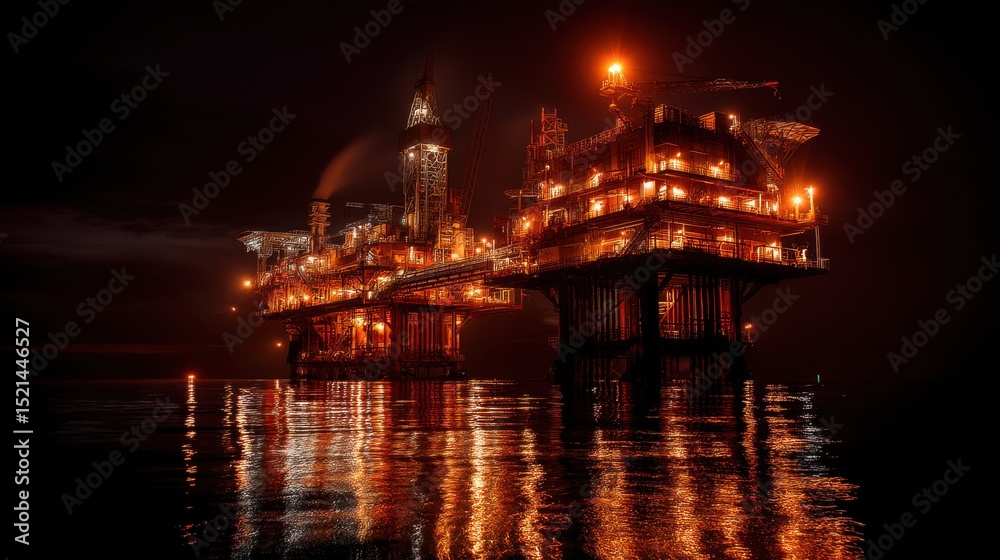 Naklejka premium Nighttime inspection of offshore oil rig by engineer