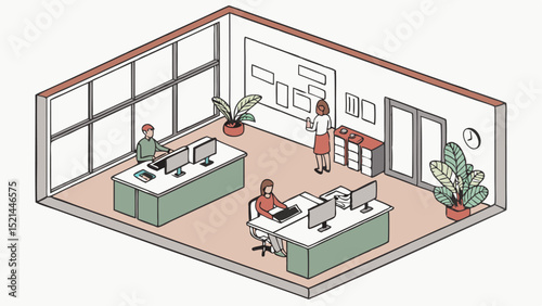 Isometric view of an office space with employees working at desks and a woman presenting on a whiteboard