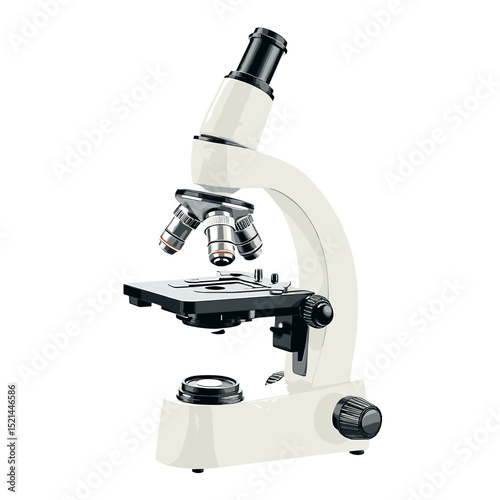 White Microscope Illustration with Detailed Lenses and Scientific Examination Tool for Laboratory Research and Biology Study on Plain Background