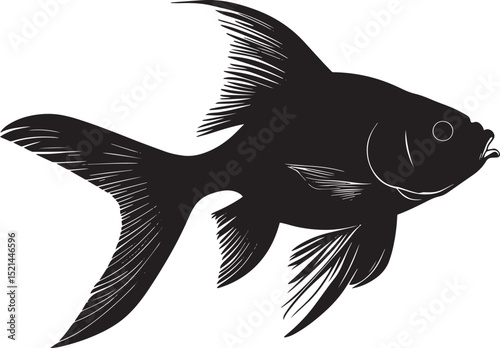 Goldfish Turning Body mid-turn with fins angled and head facing the new direction. full length silhouette black vector illustration