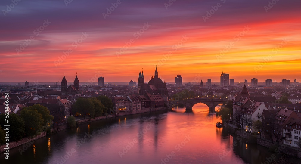 Fototapeta premium City Skyline at Sunset Reflected in River with Colorful Sky