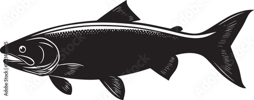 Salmon gliding body streamlined in the water, fins extended, and tail gently swaying in a full-length silhouette.