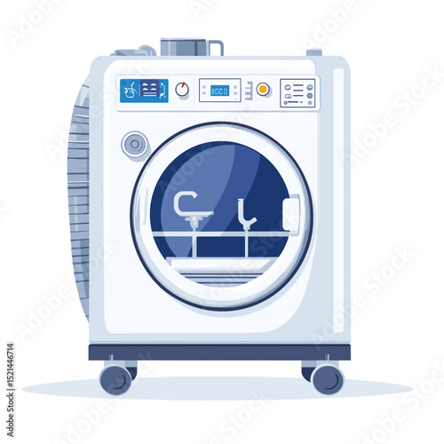 White Washing Machine on Wheels with Blue Accents Digital Display and Round Door in Pixel Art Style on Isolated Background