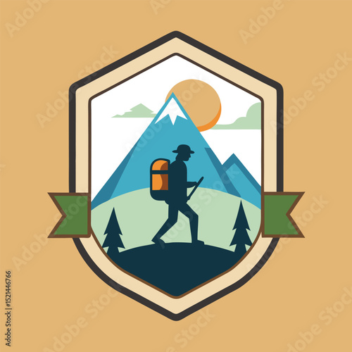 Hiking Adventure Badge: Hiker Silhouette Against Mountain, Tree, and Sunrise Background