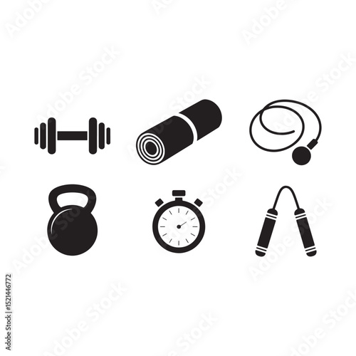 Black Silhouette of Sports Equipment Set Dumbbell Kettlebell Jump Rope