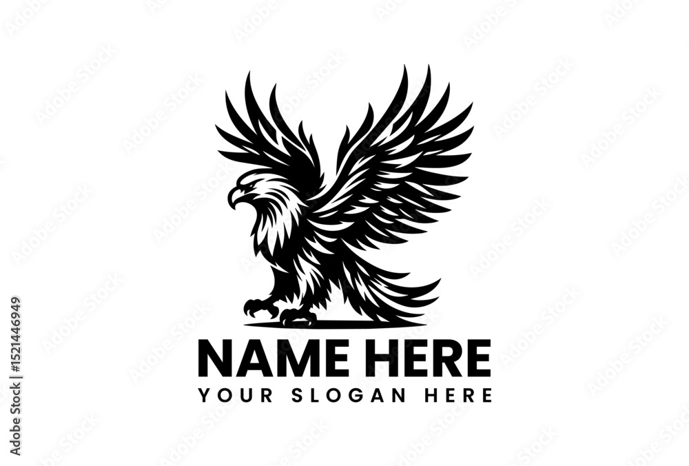 Obraz premium Bold stencil vector logo of powerful eagle with outstretched wings and detailed feather patterns