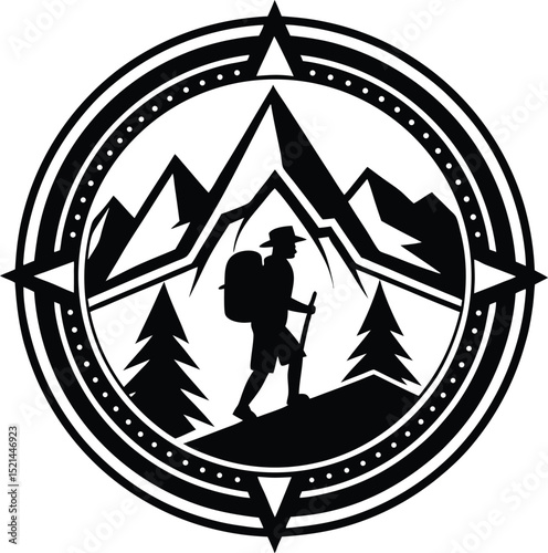 Hiker Silhouette Framed by a Circular Compass in a Mountain Landscape