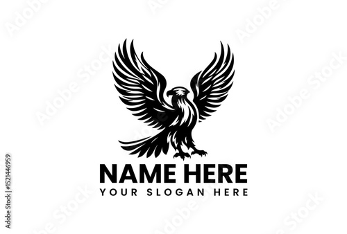 Bold stencil vector logo of powerful eagle with outstretched wings and detailed feather patterns