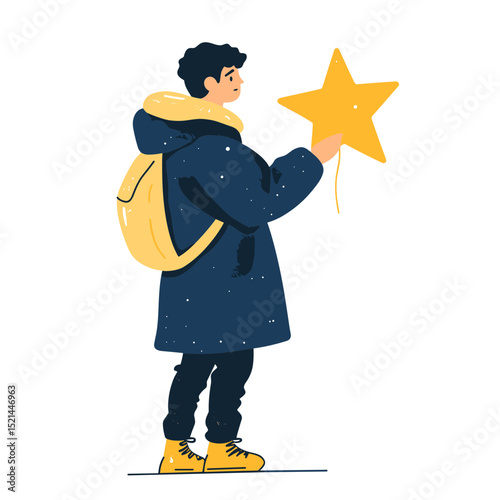 Young Person in Winter Coat Holding a Yellow Star with Matching Backpack and Boots Illustration on White Background