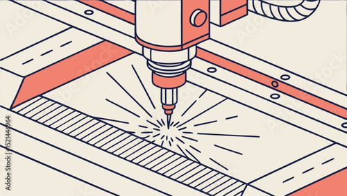 Illustration of an industrial laser cutting machine with sparks and a linear design on a flat surface