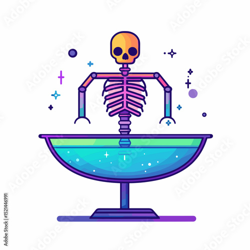 Pixel Art Skeleton Standing in Glass of Turquoise Water with Purple Stem and Sparkling Stars Against White Background
