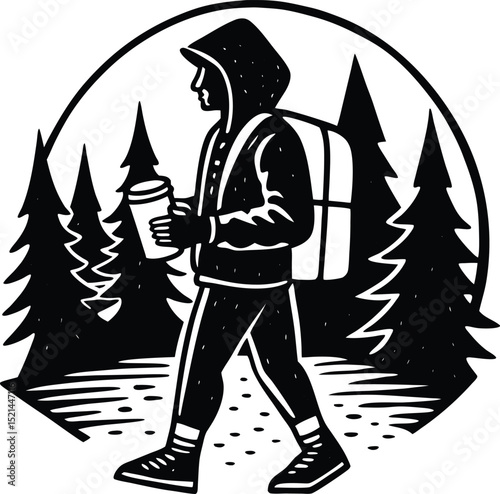 Black and White Hiker with Backpack and Coffee Cup in a Pine Forest