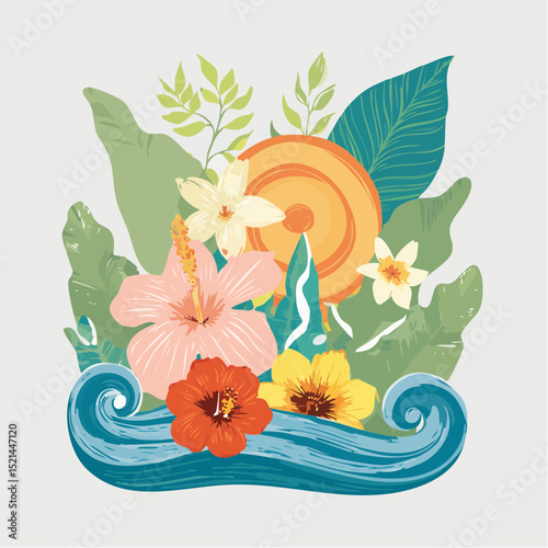 tropical flowers with blue waves, colorful style clip art preview