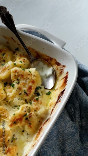 Baked gnocchi in a white casserole dish with a silver serving spoon, topped with cheese and parsley on a patterned blue cloth