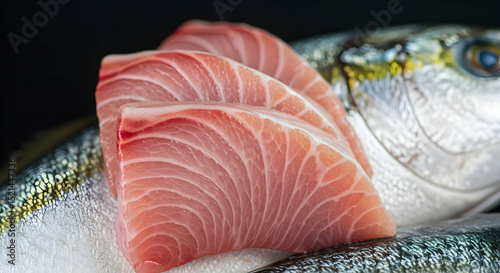 Slices Of Fresh Tuna On Silver Skin Fish Against Black Background photo