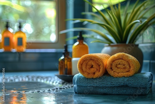 Refreshing spa setup with neatly arranged towels and skincare products in a tranquil bathroom environment