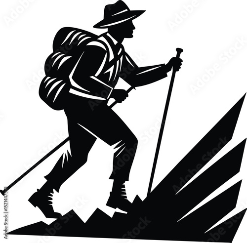 Silhouette of a Hiker Climbing a Steep Mountain with Backpack and Trekking Poles