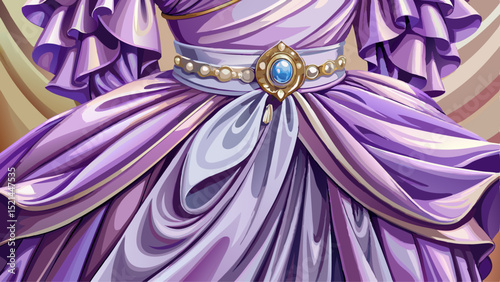 Shimmering lavender satin dress with ruffled sleeves and gemstone waist detail, showcased in close-up view. A stylish choice for wedding or party vectors with a soft, royal flair.